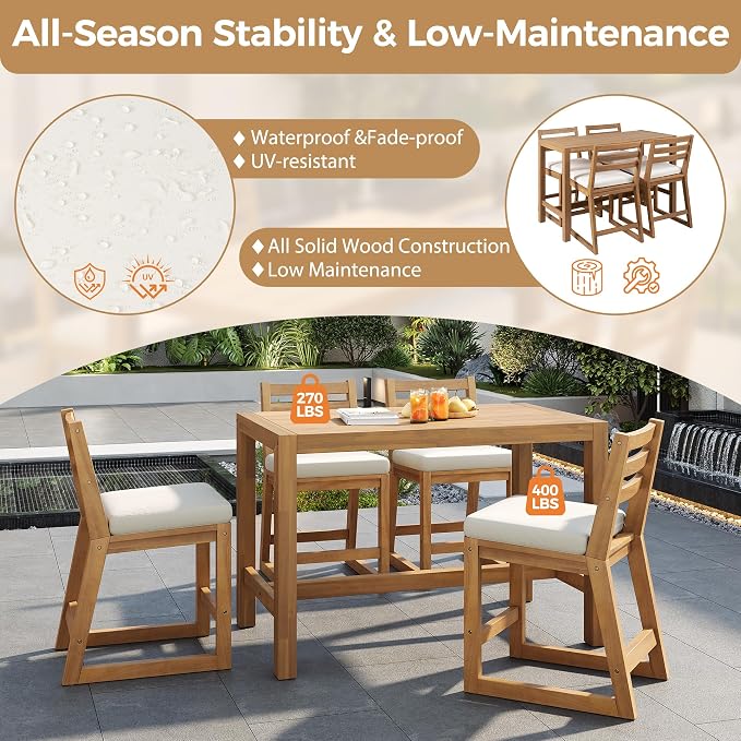 Quarte 5-Piece Acacia Wood Patio Bar Set, Rustic Outdoor Dining Table & Chairs, All-Weather Solid Wood Slatted Tabletop, Space-Saving for Garden, Patio, or Balcony (Light Teak-5)