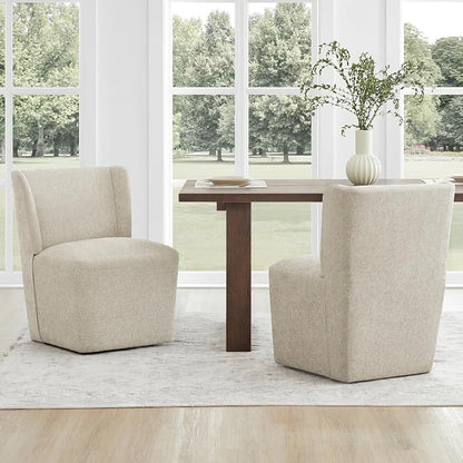 KISLOT Upholstered Dining Chairs Set of 2 with Casters, Wingback Modern Side Armless Deskchair with Rollers for Diningroom Bedroom Livingroom Reading Room, Sand Fabric