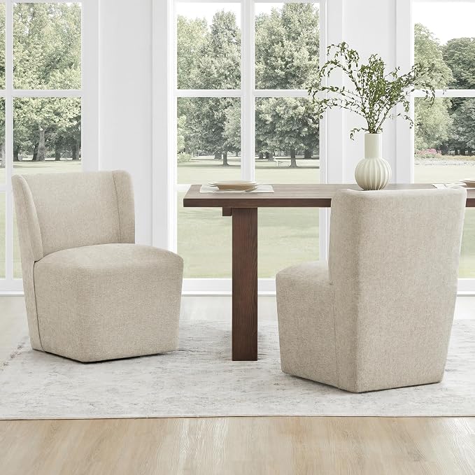 KISLOT Upholstered Dining Chairs Set of 1 with Casters, Wingback Modern Side Armless Deskchair with Rollers for Diningroom Bedroom Livingroom Reading Room, Sand Fabric