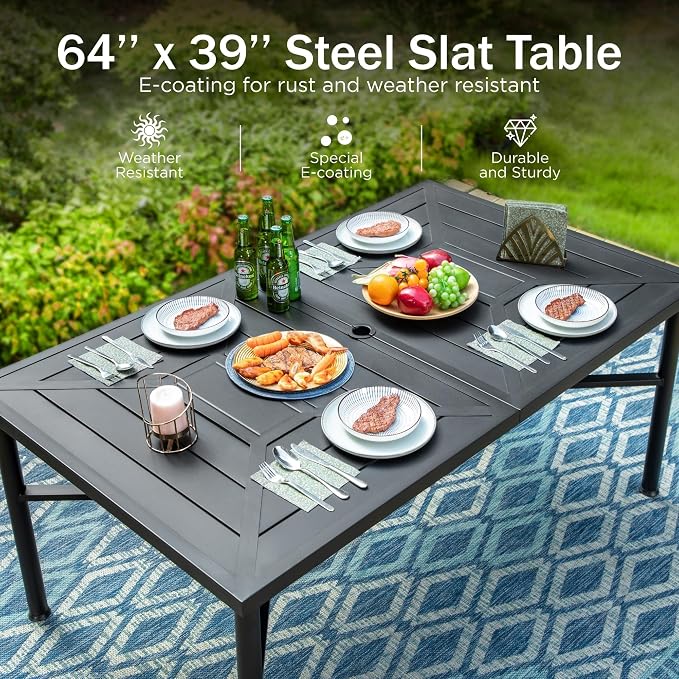 PHI VILLA Outdoor Dining Set for 6 Persons, Patio Metal Table & Aluminum Stackable Chairs, Light Weight & Space-Saving Patio Table Set for Backyard Deck, Grey