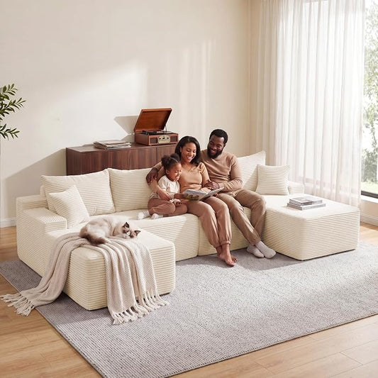Mangodan 118'' Cloud Sectional Couch, U Shaped Boneless Couches for Living Room, Modular Sectional Sofa with Deep Seat Right Facing Chaise, Comfy Cloud Couch Sofa, Beige