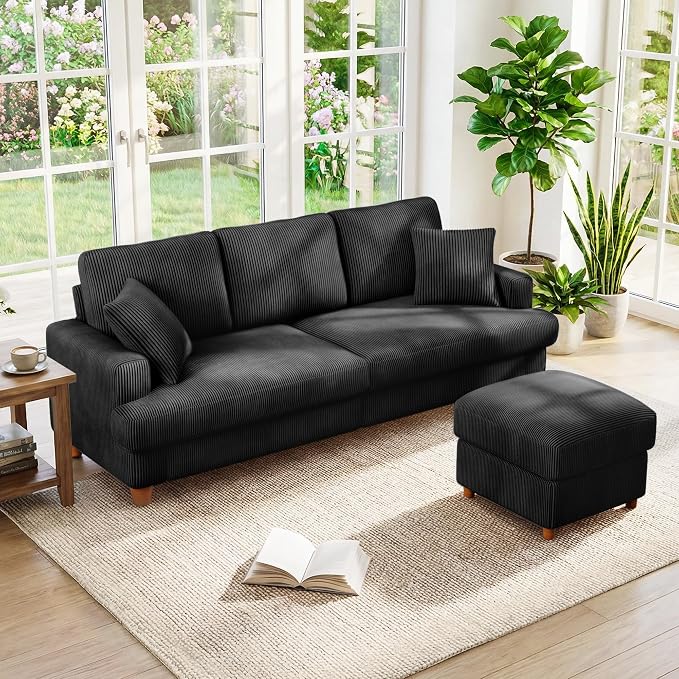 87" L shape Corduroy Couch, Sofa No Tool Assembly, Comfy Couches for Living Room 21in Deeper Seats, Corduroy Sofas for Living Room with 2 Pillows, Oversized Loveseat Sofa, Boho Love Seat, Black