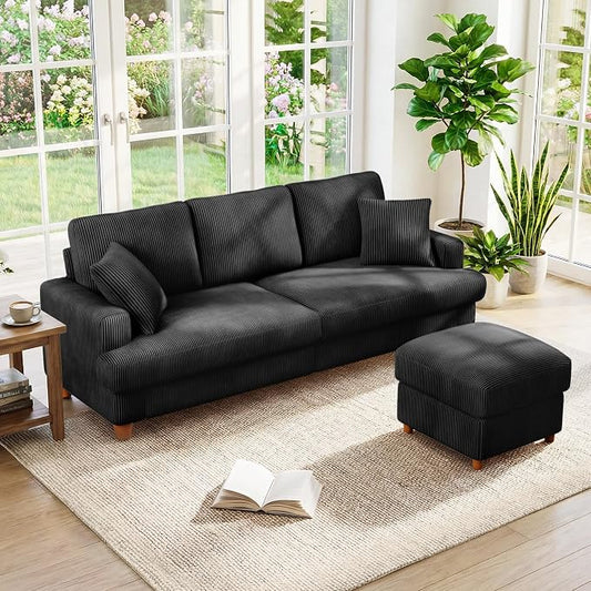 87" L shape Corduroy Couch, Sofa No Tool Assembly, Comfy Couches for Living Room 21in Deeper Seats, Corduroy Sofas for Living Room with 2 Pillows, Oversized Loveseat Sofa, Boho Love Seat, Black