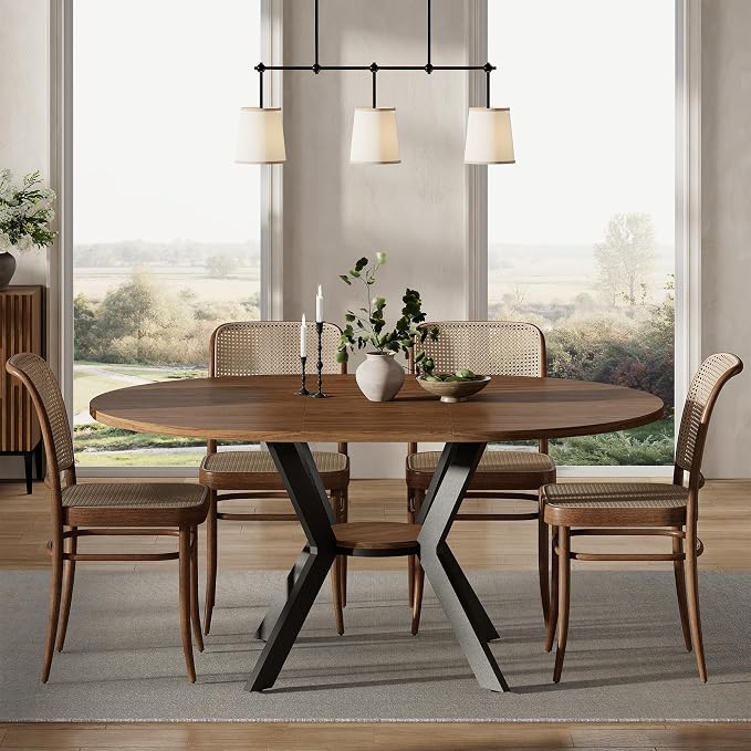 42"-58" Extendable Round Dining Table for 4-6, Kitchen Oval Table with Hidden Leaves & Storage Shelf, Space Saving Modern Design with Sturdy Metal Legs for Kitchen, Dining Room & Small Apartments