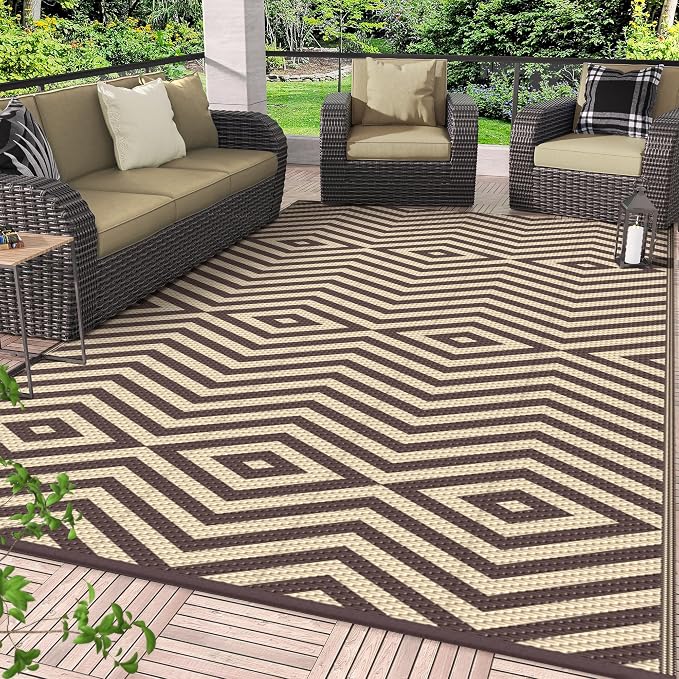 GENIMO Outdoor Rug for Patio Clearance, 8'x10' Reversible Plastic Straw Rugs, Lightweight Waterproof Modern RV Camping Mat for Camper, Balcony, Deck, Backyard, Picnic, Coffee Beige
