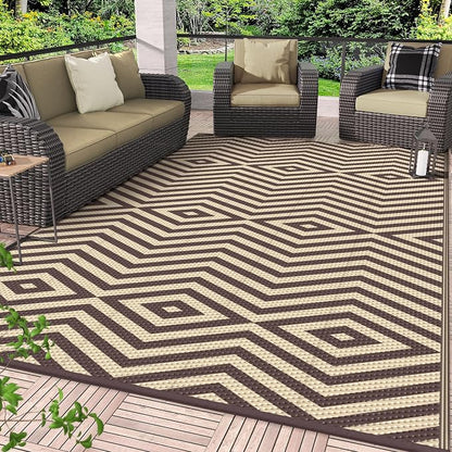 GENIMO Outdoor Rug for Patio Clearance, 8'x10' Reversible Plastic Straw Rugs, Lightweight Waterproof Modern RV Camping Mat for Camper, Balcony, Deck, Backyard, Picnic, Coffee Beige
