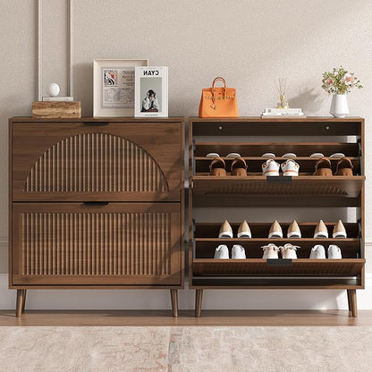 BORNOON Shoe Cabinet for Entryway with 2 Flip Drawers, Slim Wooden Shoe Storage Organizer with Modern Fluted Pannel，Freestanding Narrow Hidden Shoe Rack for Hallway, Foyer, Living Room