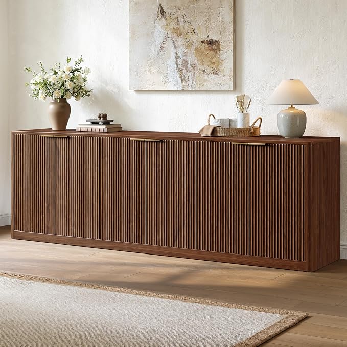 Evermagin 94.5" Fluted Walnut Buffet Cabinet Sideboard with Storage, TV Stands with 6 Doors, Wood Mid Century Modern Credenza for Kitchen and Living Room (94.5" W*31.5" H*15.7" D), Walnut