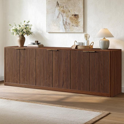 Evermagin 94.5" Fluted Walnut Buffet Cabinet Sideboard with Storage, TV Stands with 6 Doors, Wood Mid Century Modern Credenza for Kitchen and Living Room (94.5" W*31.5" H*15.7" D), Walnut