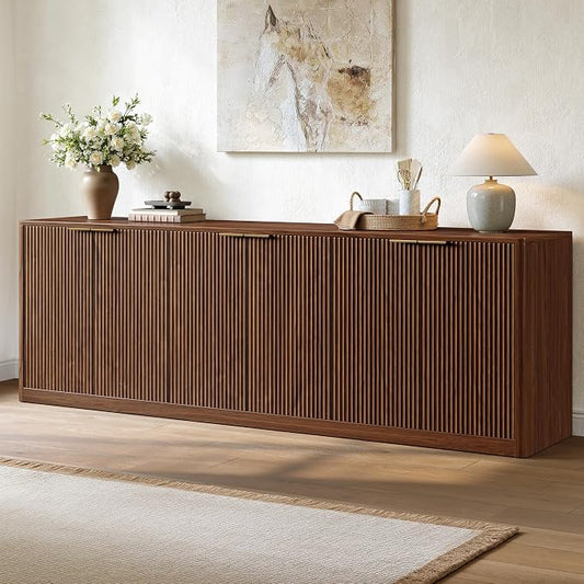 Evermagin 94.5" Fluted Walnut Buffet Cabinet Sideboard with Storage, TV Stands with 6 Doors, Wood Mid Century Modern Credenza for Kitchen and Living Room (94.5" W*31.5" H*15.7" D), Walnut