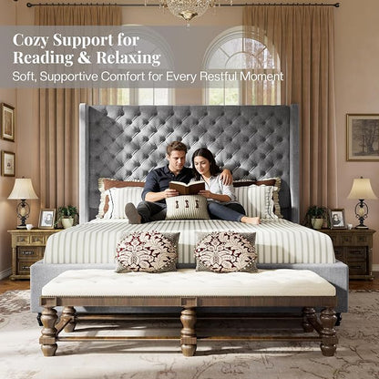 Jocisland King Size Bed Frame with 65" Tall Headboard, Upholstered Wingback Platform Design, Handcrafted Pleats & Deep Button Tufted, Solid Wood Legs, No Box Spring Needed, Grey
