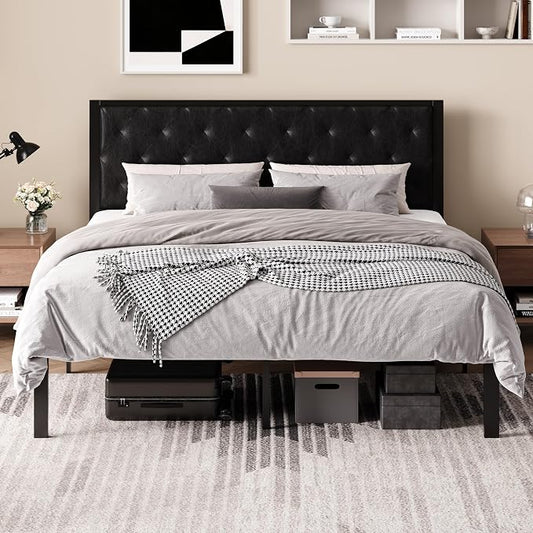 SHA CERLIN King Size Metal Bed Frame with PU Tufted Headboard, Black | Modern Design Heavy-Duty Platform Bed, No Box Spring Need, PU Leather Upholstery, Noise Free, Easy Assembly