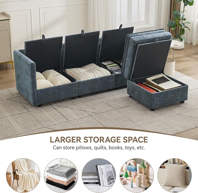 80" Cloud Modular 3 Seater Sofa with Storage Ottoman, Modern Upholstered Storage Sofa Couch Deep Seat, L Shape Sectional Sofa Chenille Comfy Couch with Armrests for Living Room, Small Space, Blue