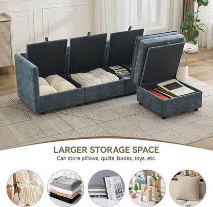 80" Cloud Modular 3 Seater Sofa with Storage Ottoman, Modern Upholstered Storage Sofa Couch Deep Seat, L Shape Sectional Sofa Chenille Comfy Couch with Armrests for Living Room, Small Space, Blue