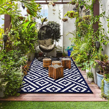 GENIMO 5'x8' Outdoor Rug Waterproof, Reversible Mats, Area Rug, Plastic Outside Carpet, Geometric Rv Mat for Patio Camping Picnic Backyard Deck Balcony Porch Beach Trailer (Navy Blue & White)