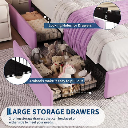 Garvee Twin XL Size Bed Frame with 2 Flexible Drawers, Upholstered Platform Bed Frame with Bookcase Headboard and LED Lights, Kids Bed for Girls, Easy Assembly, Noise Free, Purple