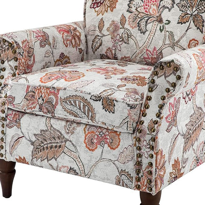 HULALA HOME Modern Wingback Accent Chair with Wood Legs & Removable Cushion, Comfy Upholstered Armchair with Nailhead Trim, Floral Pattern Single Sofa Chair for Living Room Bedroom, Pink