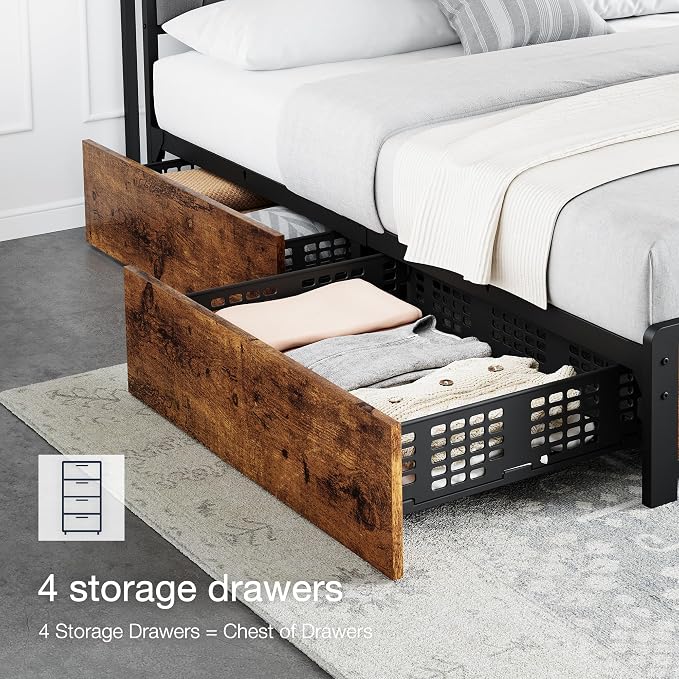 GarveeHome Queen Size Bed Frame with Storage Linen Upholstered Headboard, 4 Drawers Platform Bed Frame with Charging Station, No Box Spring Needed, Easy Assembly, Rustic Brown