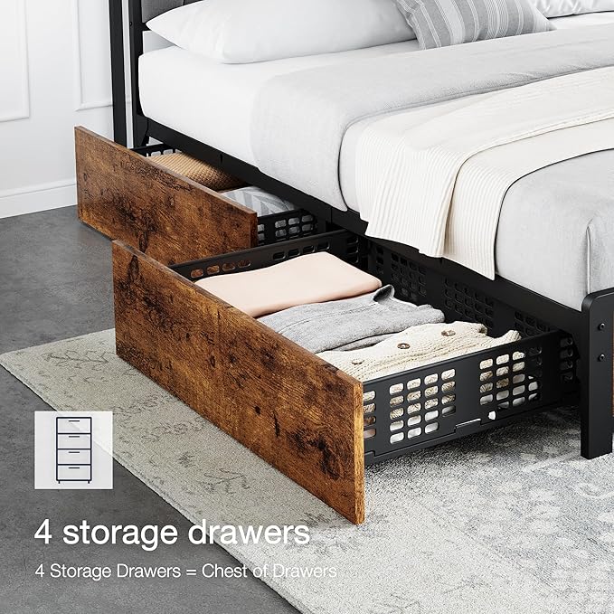 GAOMON Full Size Bed Frame with 4 Storage Drawers and Linen Upholstered Headboard, Full Platform Bed Frame with Charging Station, No Box Spring Needed, Easy Assembly, Vintage Brown