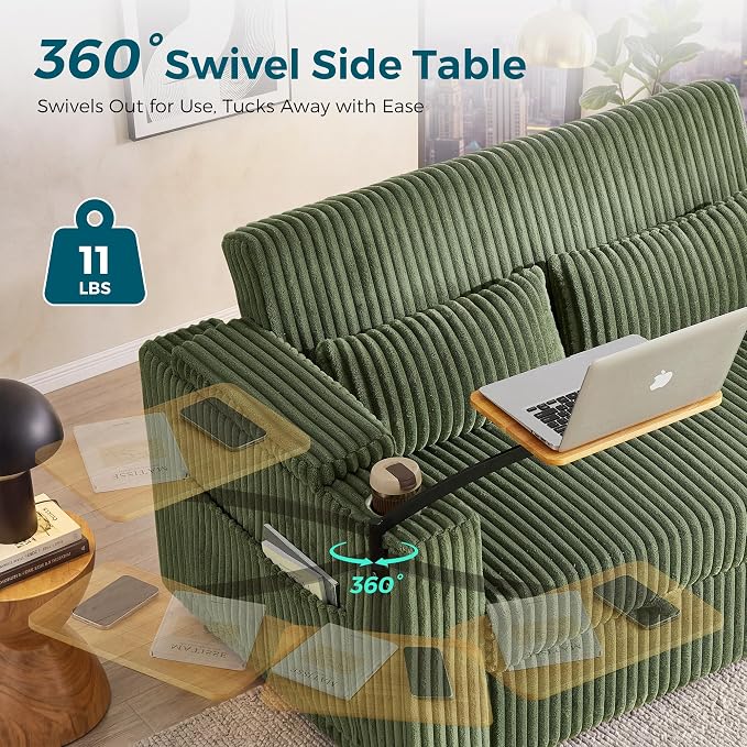 LINSY HOME 3-in-1 Pull Out Sofa Bed, 58" Convertible Sleeper Sofa for Living Room, 360° Swivel Table, Storage Armrests, Charging Station, Cup Holders, 2 Pillows, Corduroy Loveseat Futon Couch, Green