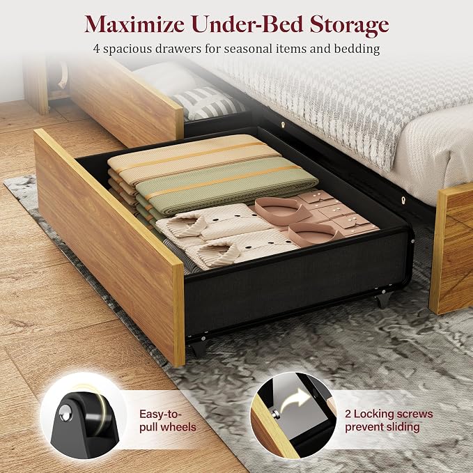 King Size Bed Frame with 2 Bedside Stoage Racks & 4 Locking Drawers, 51.18" Tall Headboard with Charging Station & RGB LED Lights, Farmehouse Platform Bed Frame, No Box Spring Needed, Brown