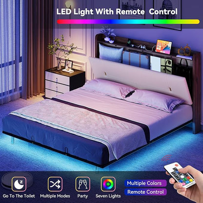 YITAHOME Queen Size Floating Bed Frame with Charging Station, PU Upholstered Platform Bed with 43.3'' Headboard, Hidden Storage, RGB LED Lights, No Box Spring Needed, Easy Assembly, Noise-Free, Beige