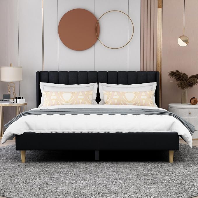 AGARTT Upholstered Platform Bed Frame King Size with Headboard and Footboard/Wooden Slats Support/No Box Spring Needed/Easy Assembly,Black Linen