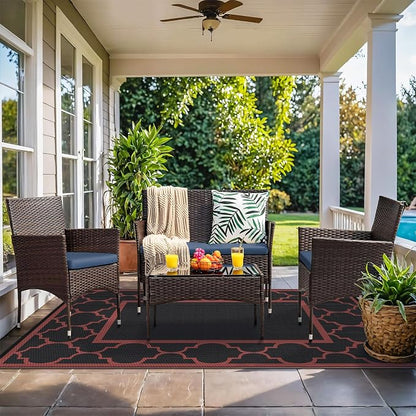 GENIMO 6' x 9' Outdoor Rug Waterproof for Patio Decor, Foldable Reversible Plastic Straw Area Rugs Mat for Camper, Outside Carpet for Rv, Deck, Porch, Picnic, Beach, Balcony, Black & Red