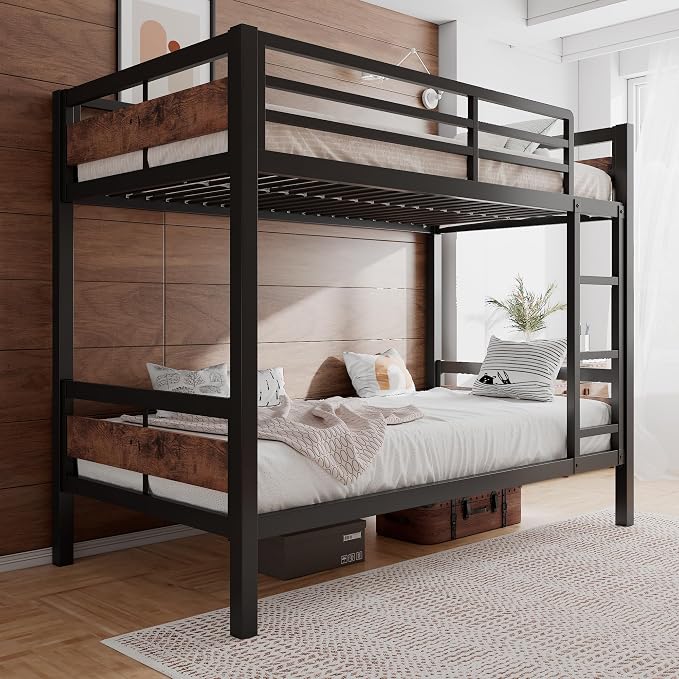 Einhomn Bunk Bed Twin Over Twin, Heavy Duty Metal Bed with Ladder and Full-Length Guardrail, Under-Bed Storage Space, No Box Spring Needed, Noise Free, Rustic Brown