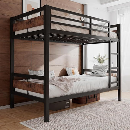 Einhomn Bunk Bed Twin Over Twin, Heavy Duty Metal Bed with Ladder and Full-Length Guardrail, Under-Bed Storage Space, No Box Spring Needed, Noise Free, Rustic Brown