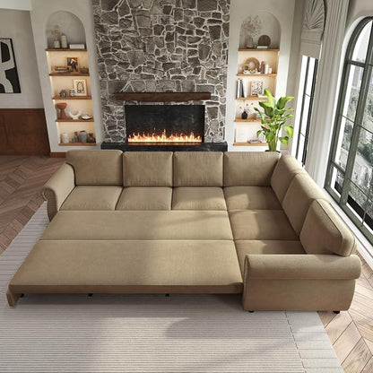 118" L-Shaped Sleeper Couch Bed - Oversize Convertible with Pull-Out Sofa Bed, Button Tufted Chesterfield Sofa, Chenille Sectional Vintage Couches for Living Room/Apartment(6-Seater, Camel) | Oversize Convertible