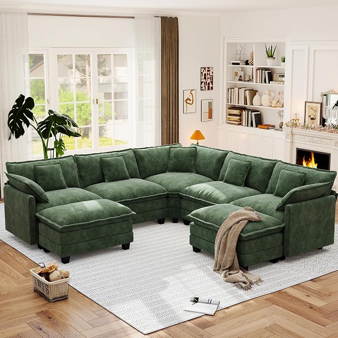 113.8" Modular Sectional Sofa,Cloud Couch for Living Room,Modern Deep Seat Sofa 5 Seater Chenille Fabric Comfy L Shaped Couches with Throw Pillows & Movable Ottoman for Apartment
