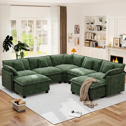 113.8" Modular Sectional Sofa,Cloud Couch for Living Room,Modern Deep Seat Sofa 5 Seater Chenille Fabric Comfy L Shaped Couches with Throw Pillows & Movable Ottoman for Apartment