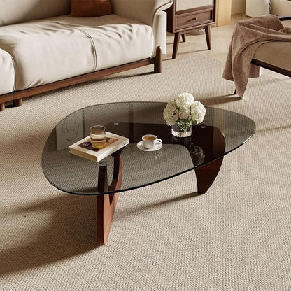 Modern Coffee Table for Living Room and Small Spaces, 35.6" x 25.4" x 15.8" Triangle Tempered Glass Table Top and Solid Wood Base, Walnut