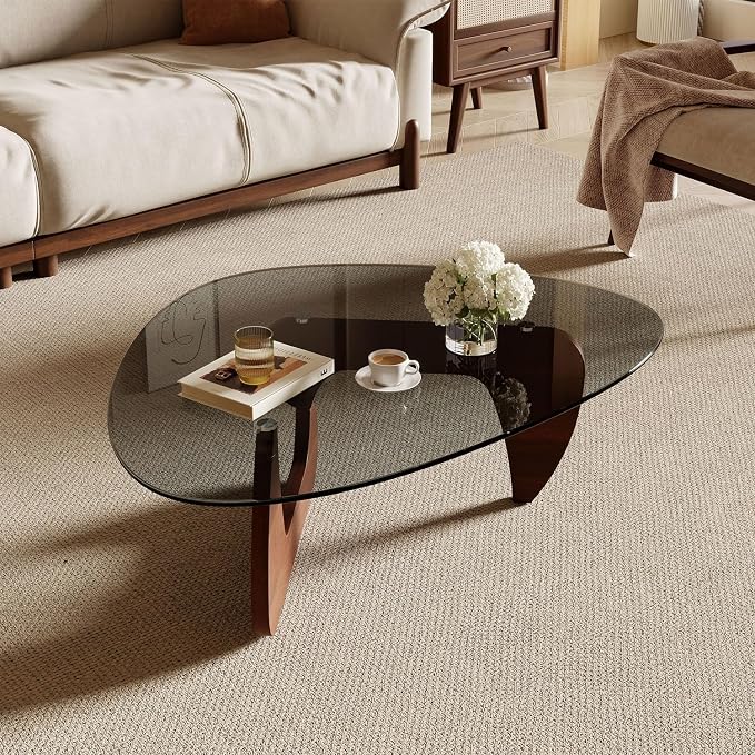 Modern Coffee Table for Living Room and Small Spaces, 43.3" x 29.5" x 15.8" Triangle Tempered Glass Table Top and Eco-Friendly Solid Wood Base, Walnut