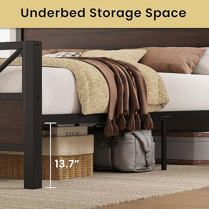 LIKIMIO Queen Bed Frame, Tall Industrial Headboard 51.2 ", Platform Bed Frame with Strong Metal Support, Solid and Stable, Noise Free, No Box Spring Needed, Easy Assembly, Dark Brown
