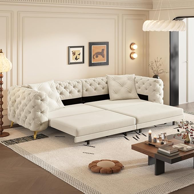 97.7" Convertible Queen Sleeper Sofa with Ottoman - Button Tufted Pull Out Sofa Bed, Velvet King Size Couch Bed & Vintage Deep Seat 4-Seater Couch for Small Spaces, Apartment & Living Room, Beige | Button Tufted