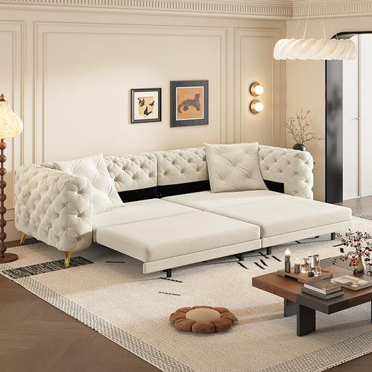 97.7" Convertible Queen Sleeper Sofa with Ottoman - Button Tufted Pull Out Sofa Bed, Velvet King Size Couch Bed & Vintage Deep Seat 4-Seater Couch for Small Spaces, Apartment & Living Room, Beige | Button Tufted