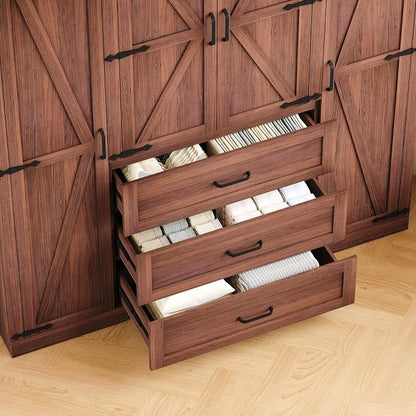 Farmhouse Wooden Armoire Storage Cabinet with Adjustable Shelves & Hanging Rod, 4 Doors Wardrobe Armoire Closet with Drawers,70" Freestanding Clothing Storage Cabinet for Bedroom (4 door, Brown-1)