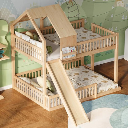 SOFTSEA House Bunk Bed with Slide, Full XL Over Queen Wood Floor Bunk Bed Frame with Roof, Guardrails and Ladder, Space-Saving, Natural