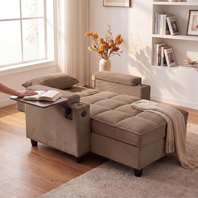 Convertible Sleeper Chair, Pull Out Sofa Bed with Adjustable Backrest & Hidden Storage Armrest, Single Sofa Recliner with USB Charging Port & Cup Holders for Living Room, Bedroom, Coffee