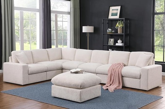 Ball & Cast 146" Oversized Modular L-Shaped Sectional Couch,Large Chenille Upholstered Sofa 8 Seat with Movable Ottoman & 2 Pillows,Comfty Sectionals W/Wide Armrest & Deep Seat,for Living Room,Beige
