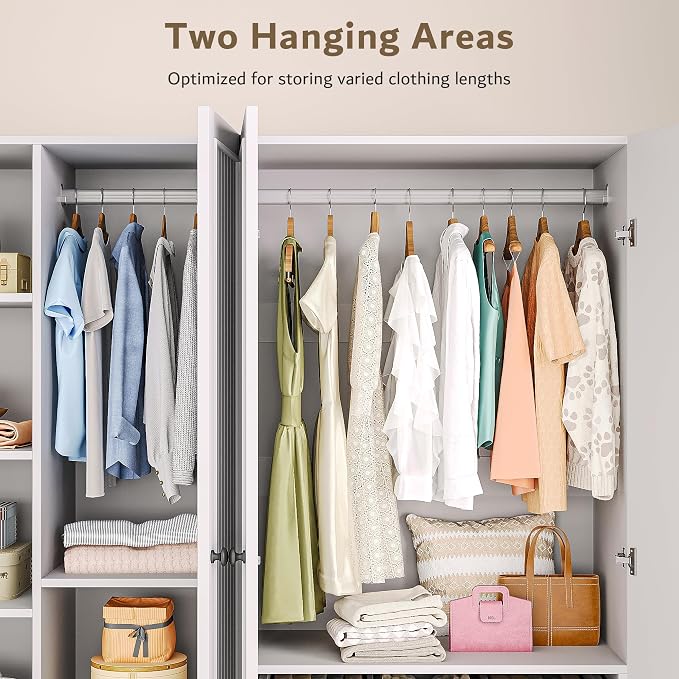 iPormis 4 Doors Armoire Wardrobe Closet with 2 Drawers, 63" Large Wardrobe Cabinet with Removable Hanging Rods and Adjustable Shelves, Closet Storage Cabinet for Bedroom, Cloak Room, White