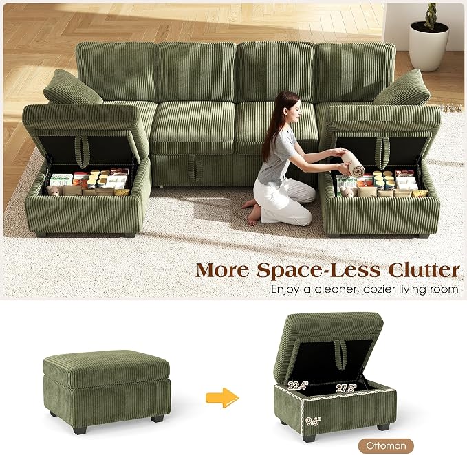 Ihanherry 6-Seater Large Sectional Sofa Bed with Storage Ottoman, Corduroy Reversible Modular Sleeper Sofa Couch with USB Port, 104" L-Shaped Convertible Couch for Living Room（Green）