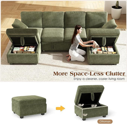 Ihanherry 6-Seater Large Sectional Sofa Bed with Storage Ottoman, Corduroy Reversible Modular Sleeper Sofa Couch with USB Port, 104" L-Shaped Convertible Couch for Living Room（Green）
