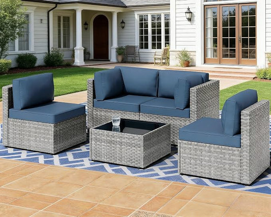 MOCHITO 5 Pieces Outdoor Patio Furniture Sets, All-Weather Sectional Sofa Grey PE Rattan Wicker Conversation Set with Glass Table and Washable Blue Cushions for Backyard,Sunroom,Garden,Porch