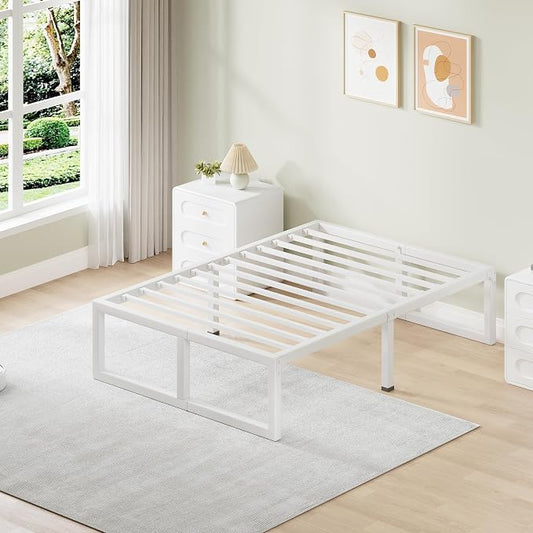 Twin Bed Frames, 14 Inch Metal Platform Bed Frame with Squeak Free U-Slot Design, 6 Non-Slip Guards, 3500lbs Heavy Duty Steel Slat Support, No Box Spring Needed, Under Bed Storage, White