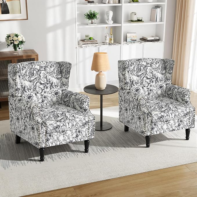 Pia Ricco Set of 2 Floral Accent Chairs, High Back Upholstered Armchairs with Retro Wingback Design, Nailhead Trim & Solid Wood Legs for Living Room Bedroom Home Office(Rococo Black)