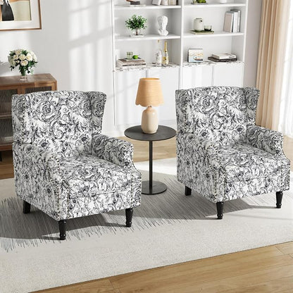 Pia Ricco Set of 2 Floral Accent Chairs, High Back Upholstered Armchairs with Retro Wingback Design, Nailhead Trim & Solid Wood Legs for Living Room Bedroom Home Office(Rococo Black)