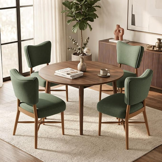 Mid Century Dining Chairs Set of 4, Linen Seat, Wood Legs, Green | Farmhouse, Upholstered Padded Cushion, Solid Wood Cross-Brace, Easy 15-Min Assembly, Kitchen Dining Room